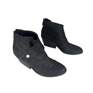Eileen Fisher Tag Wrap-Snap Leather Booties Black Size 8 Block Heel Ankle Spot